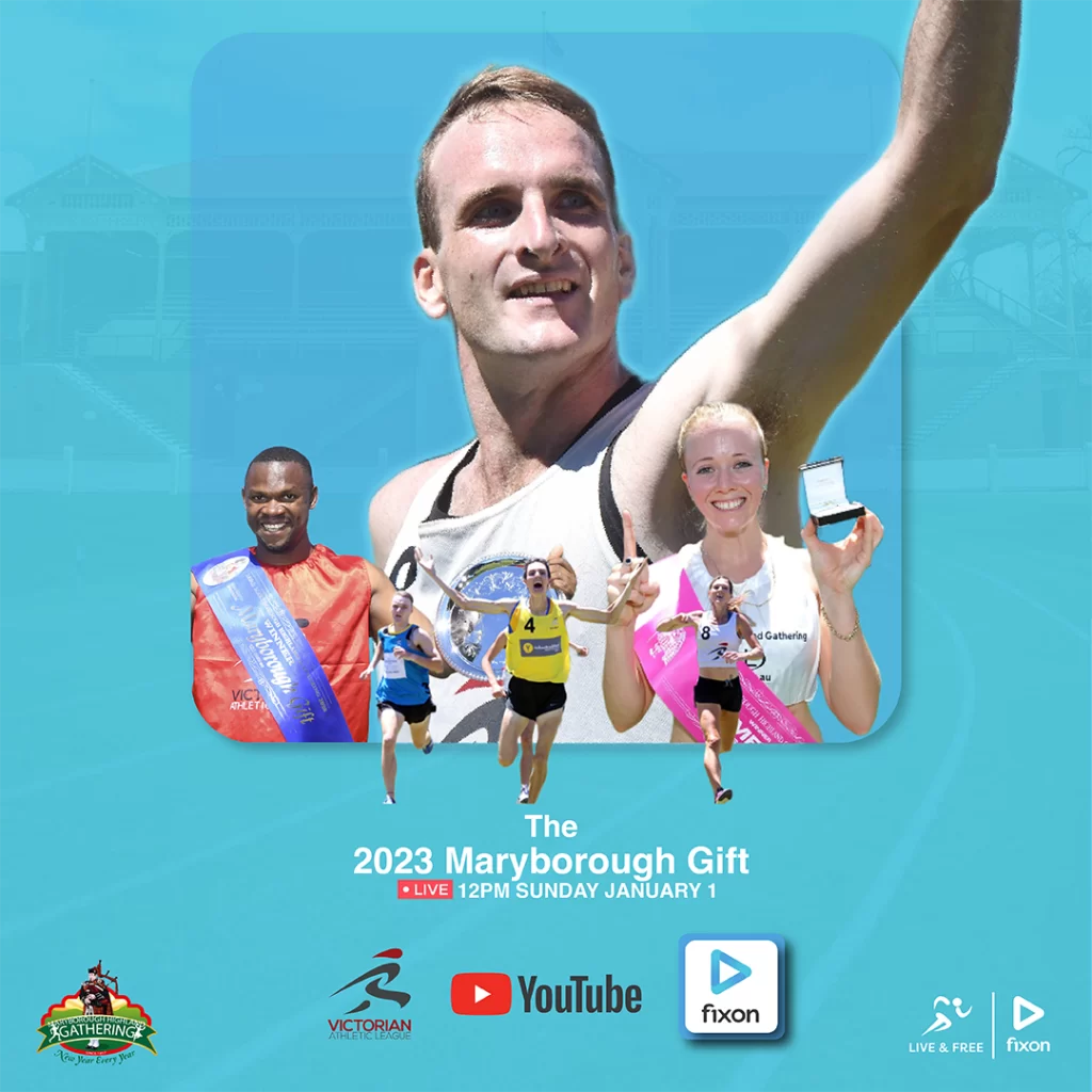 The promotional graphic of the 2023 Maryborough Gift live-stream, featuring 6 male and female runners.