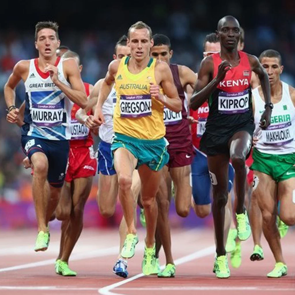 Olympic athletes, Murray of Great Britain, Gregson of Australia and Kiprop of Kenya lead a pack of runners at the London 2012 Olympic Games.