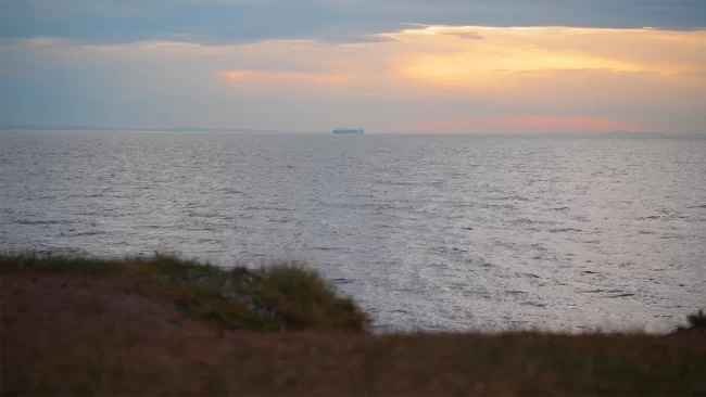 A large container ship can be seen on the ocean's horizon at sunset.