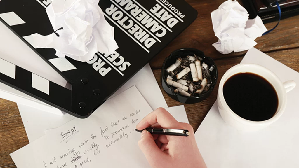 A caucasian arm and hand using a pen to write a script. A cup of black coffee and cigarettes can be seen.