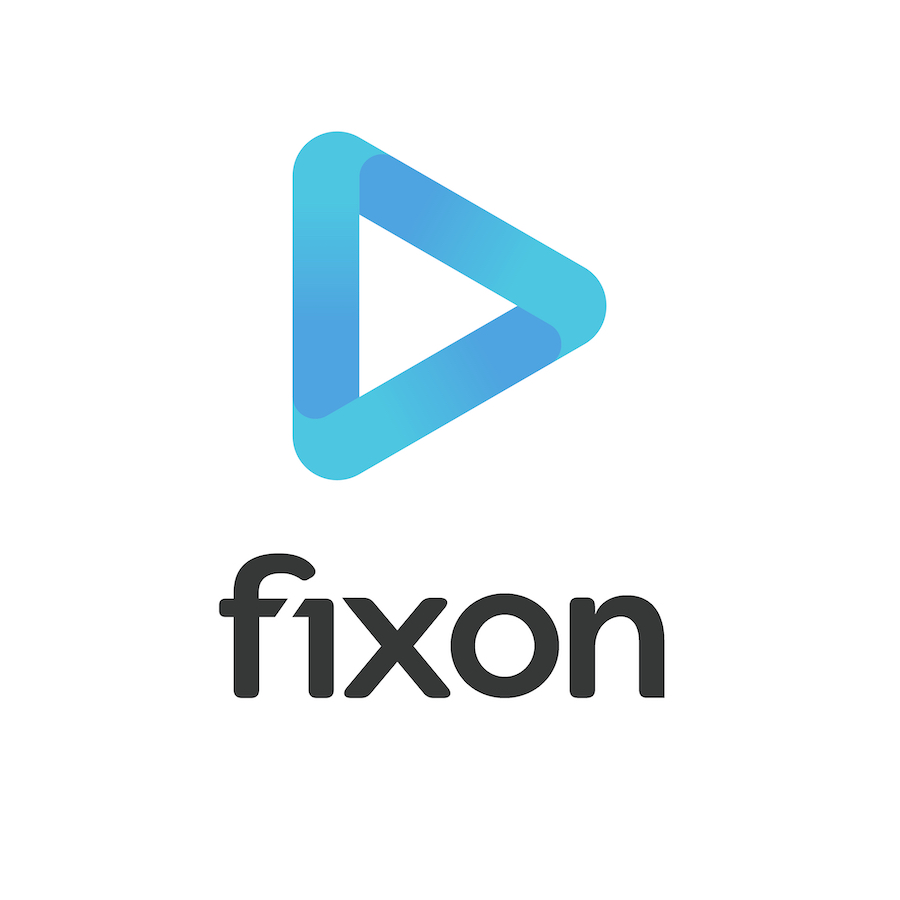 Fixon Media Group Logo With Ombre Blue Play Button and black 'Fixon' word mark.