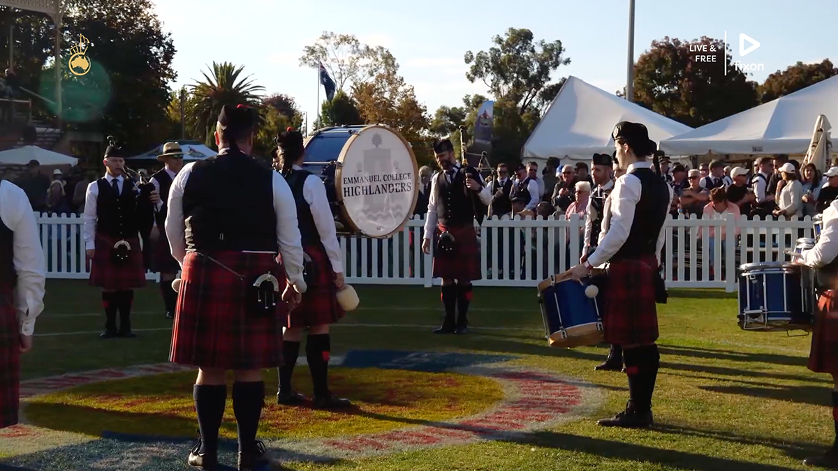 Emmanuel College Highland Pipe Band performing at Maryborough, Victoria.