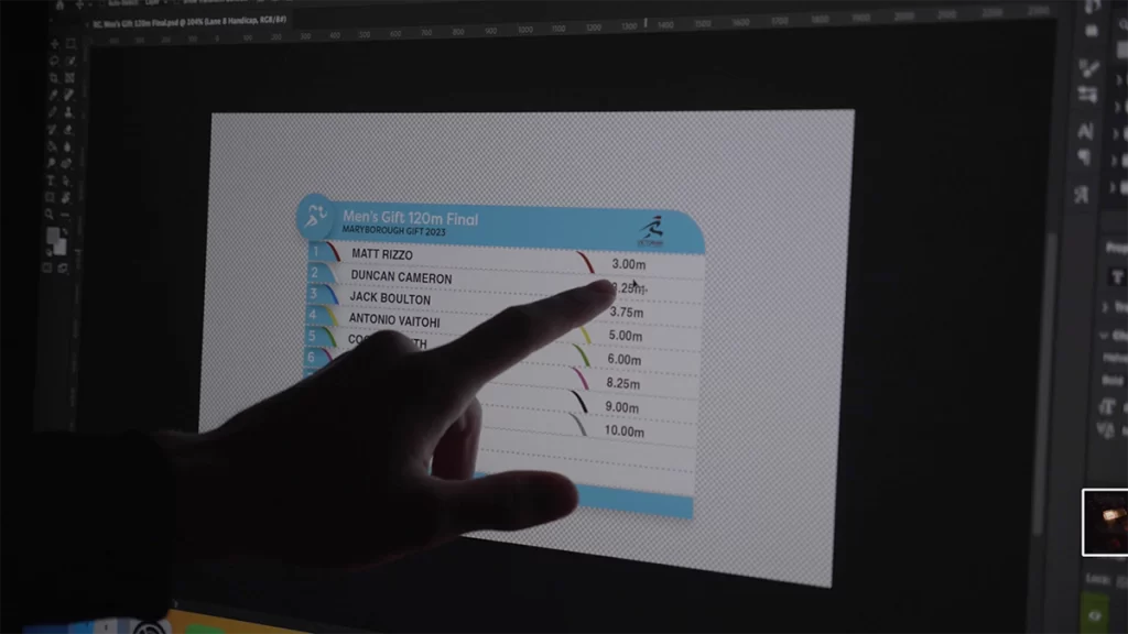 A hand points towards the 3.25m handicap of runner, Duncan Cameron, on a broadcast graphic being displayed on a monitor.