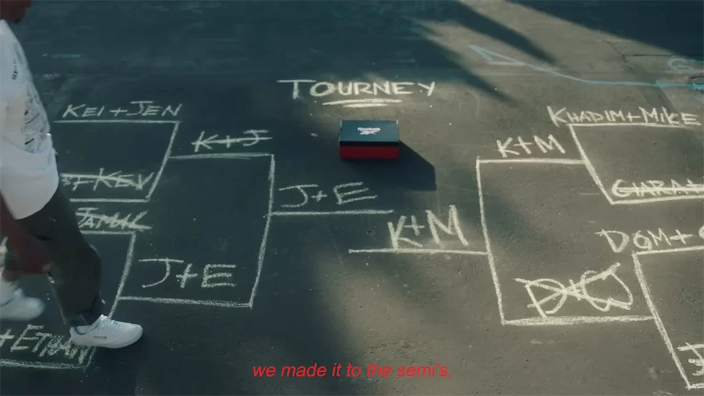 A chalk written team knockout progression for a basketball tournament, as written on concrete.