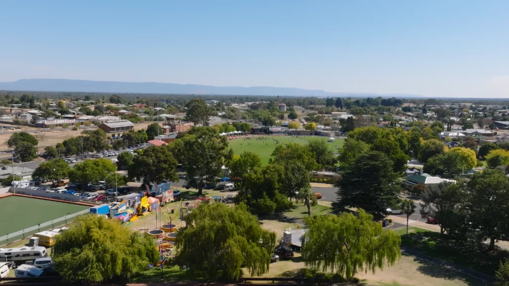 Stawell's Central Park, home of the Stawell Gift, as captured by drone during day 1 of the 2024 carnival.