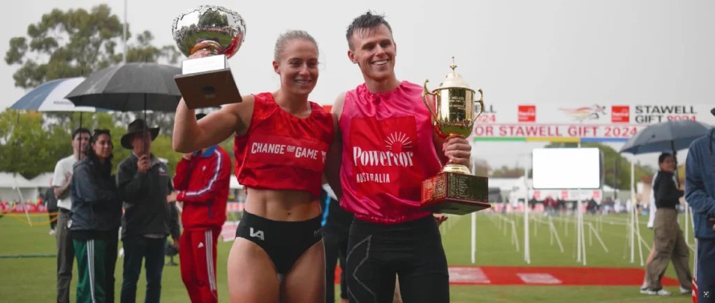 Chloe Mannix-Power (left) and Jack Lacey (right), the female and male Stawell Gift winners of 2024.