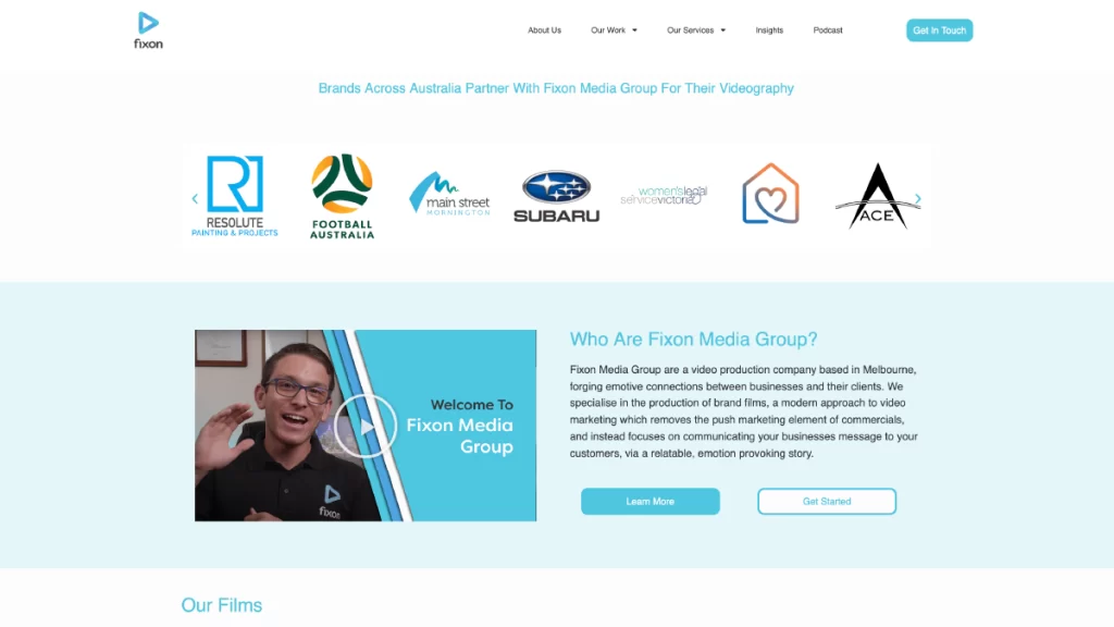 The Fixon Media Group website homepage features an explainer video to improve dwell time.