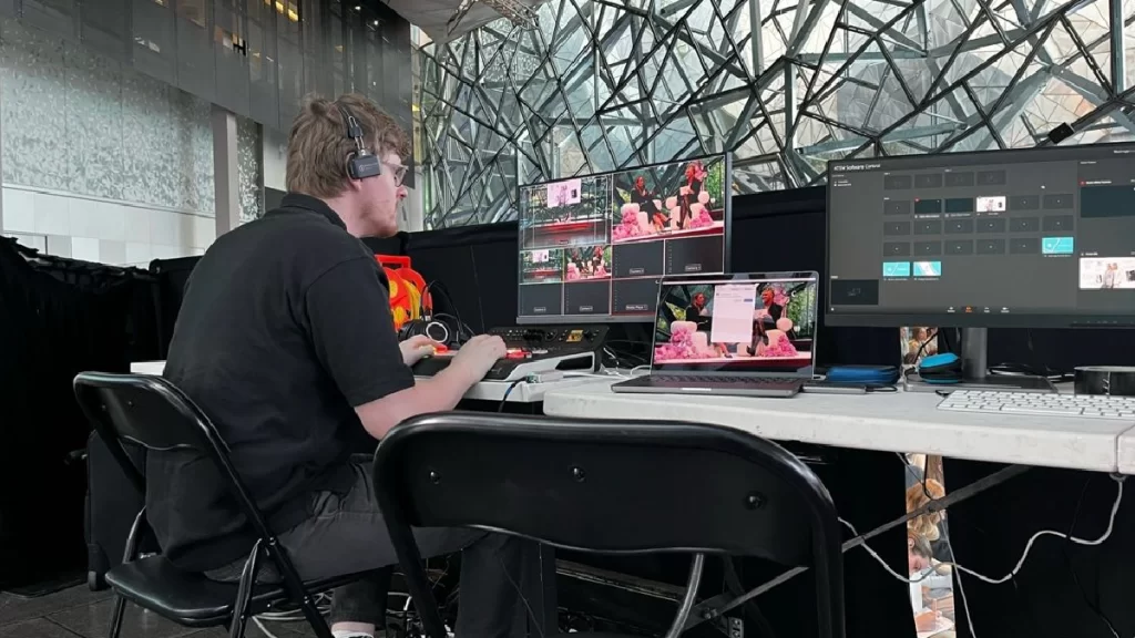 The live-stream set up of Fixon Media Group at an event held at Federation Square's The Edge, in Melbourne.