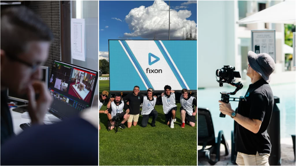 A three photo collage of Fixon Media Group, a video production company in Melbourne. From left to right, a shot inside the directors booth during a live-stream. Centre, a team photo. Right, founder, Didier Le Miere filming in Port Douglas.