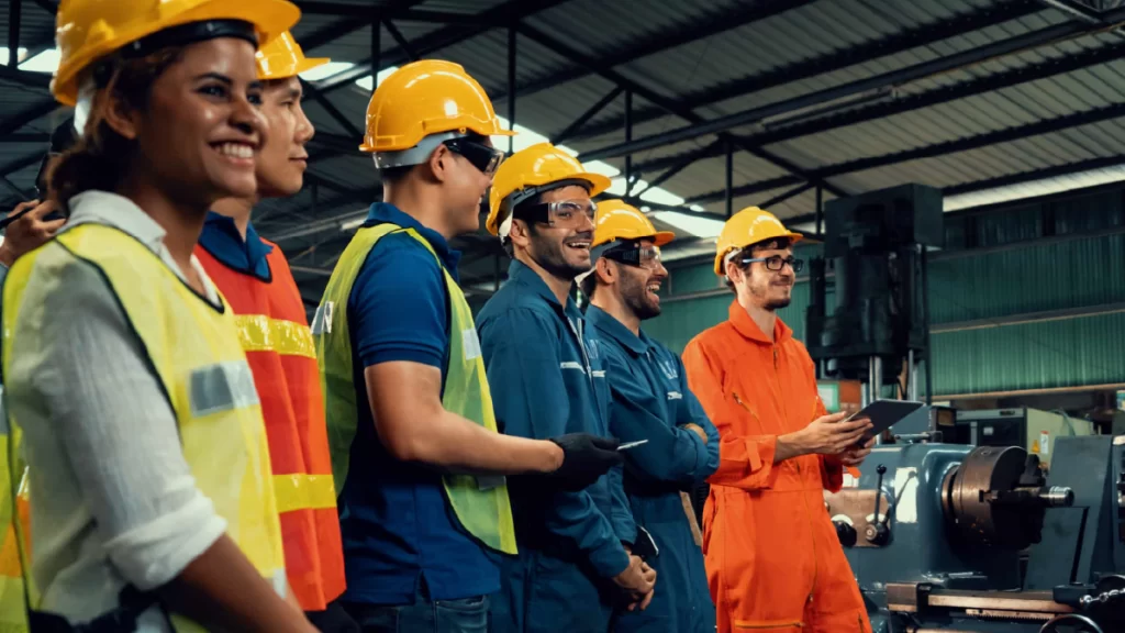 6 workers inside a factory wearing yellow hard hats and fluorescent safety vests.