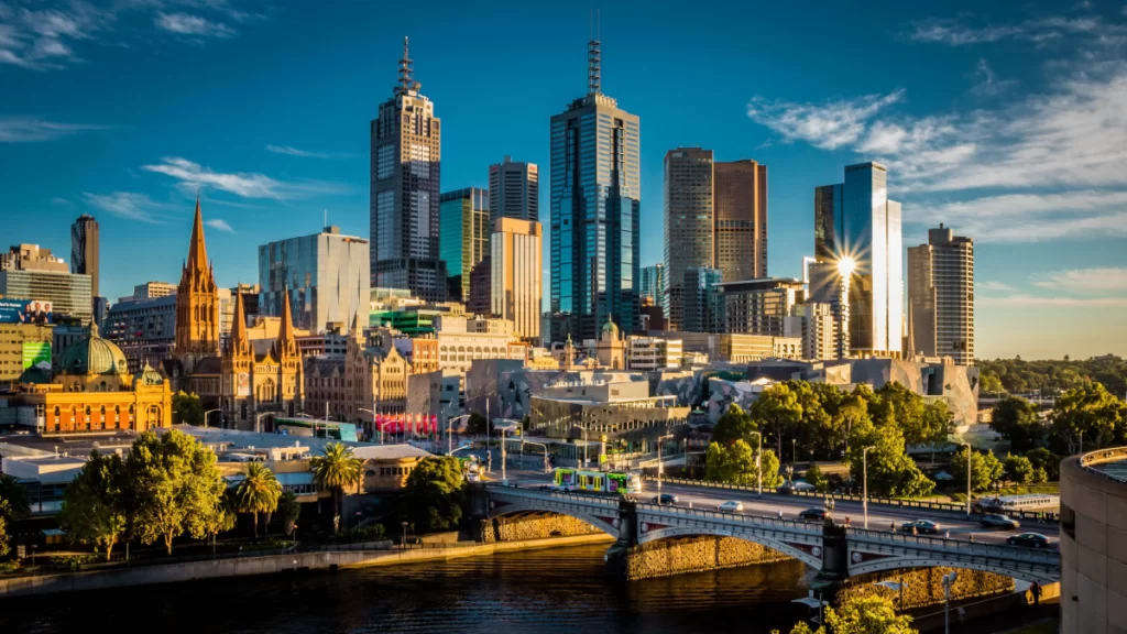 The Melbourne CBD looking north east from Southbank Promenade at sunset.