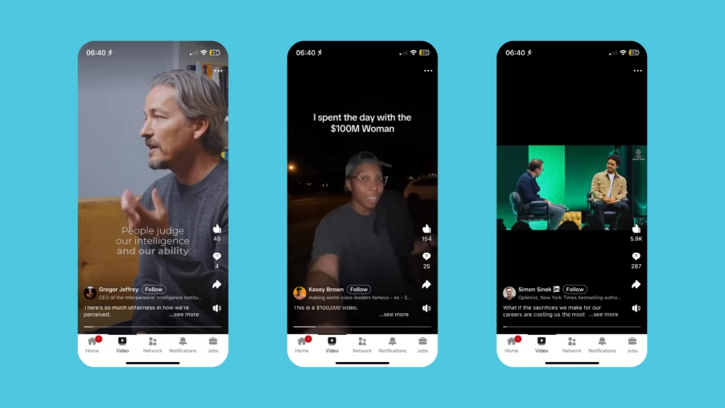 The new LinkedIn video feed, featuring 3 screenshots of videos on the feed.