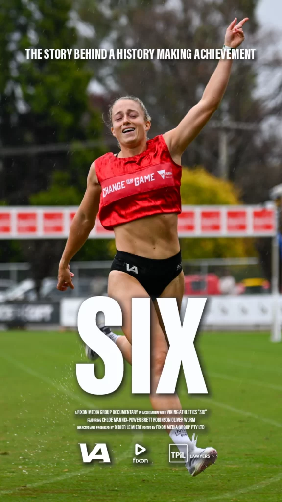 The trailer cover of the "Six" Documentary by Fixon Media Group, featuring Chloe Mannix Power after her Stawell Gift win in 2024.