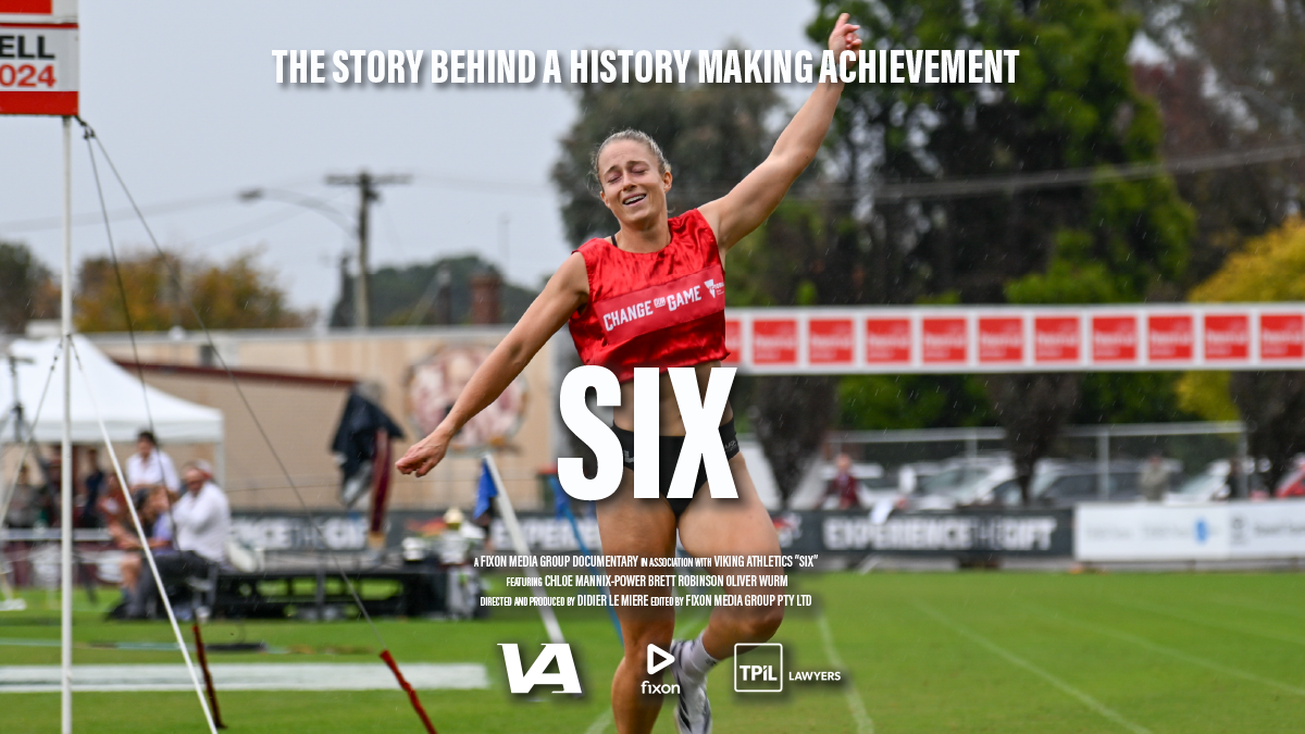 The trailer cover of the "Six" Documentary by Fixon Media Group, featuring Chloe Mannix Power after her Stawell Gift win in 2024.